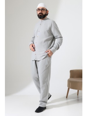 İhvan Online Erkek Müslin Hakim Yaka Gömlek Pantolon Ikili Takım, Modern Hac Umre Kıyafeti - Gri (Vşn)