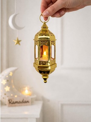 Parti Adresi Asılabilir Ramazan Temalı LED Işıklı Pilli Dekoratif Fener – Altın 20 cm