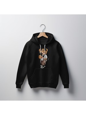 Teddy Ayıcık Baskılı Unisex Standart Fit Kapüşonlu Şardonlu Pamuklu Sweatshirt