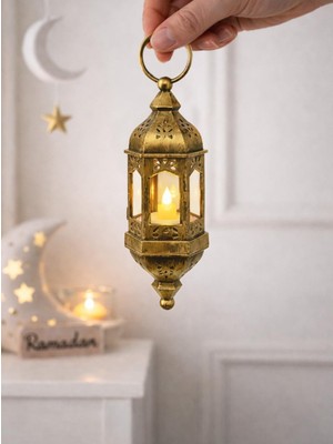 Parti Adresi Asılabilir Ramazan Temalı LED Işıklı Pilli Dekoratif Fener – Eskitme Altın 20 cm