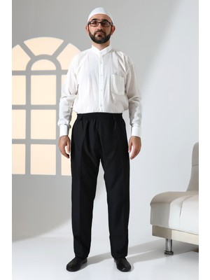 İhvan Online Erkek Rahat Kesim Beli Lastikli Cepli Hac ve Umre Kumaş Şalvar Pantolon - Siyah (Isr)