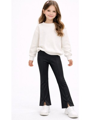 İncili Siyah Şardonlu Fitilli Yırtmaç Detaylı Kız Çocuk Tayt