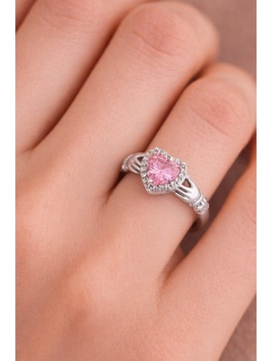 New Obsessions Paslanmaz Çelik Gümüş Renk Pembe Taşlı Kalp Tutan Eller Yüzük
