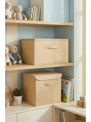 Luxway Home 1 Adet Kapaklı Kutu Krem ve 1 Adet Destekli Hurç Krem Seti Minimalist Tasarım Elbise Saklama Çantası