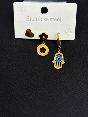 316L Çelik Gold Renk 3lü Küpe