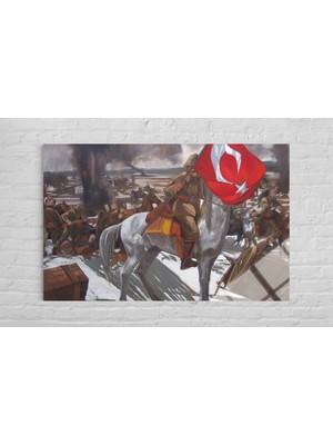 Baskı Perisi Atatürk At Üzerinde Türk Bayrağıyla Cephede Renkli Dekoratif Kırılmaz Cam Tablo 144