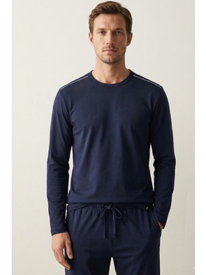 Elemge %100 Pamuk Erkek Süprem Pijama Takımı Compact Penye Lacivert Uzun Kol Cepli Ipli Relax Fit Terletmez