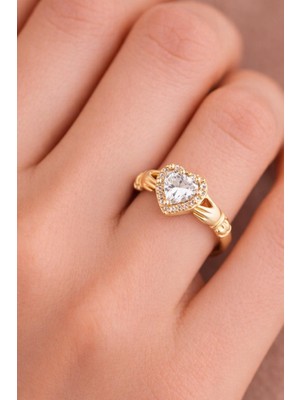 New Obsessions Paslanmaz Çelik Altın Renk Beyaz Taşlı Kalp Tutan Eller Yüzük