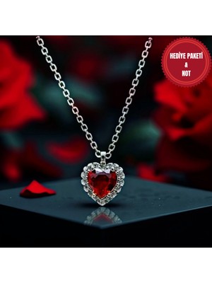 Muun Store Kırmızı Zirkon Taşlı Kalp Kolye – Gümüş Renk Zincir Detaylı, Sevgililer Günü Hediyesi Şık Takı