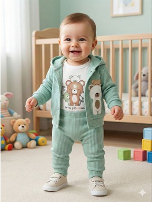 Lika&Nika Erkek Bebek %100 Pamuklu Kapşonlu Hırka Body ve Pantolon 3'lü Takım Ayıcık Baskılı