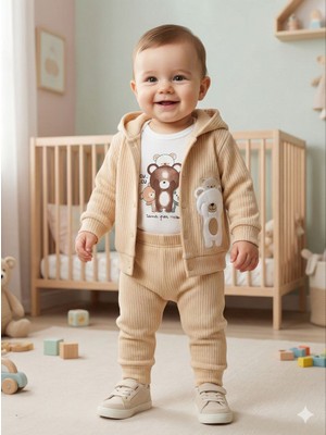 Lika&Nika %100 Pamuklu Kapşonlu Hırka Body ve Pantolon 3'lü Takım Ayıcık Baskılı