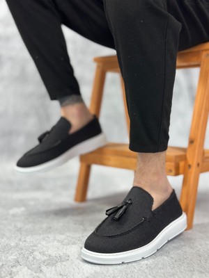 Beskar Signature BA0005 Bağcıksız Yüksek Taban Klasik Keten Siyah Püsküllü Erkek Ayakkabı