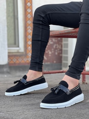 Beskar Signature BA0005 Bağcıksız Yüksek Taban Siyah Beyaz Taban Kemerli Klasik Püsküllü Corcik Erkek Ayakkabı