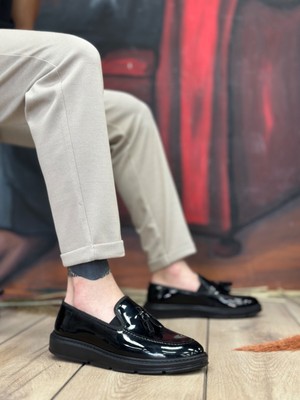 Beskar Signature BA0005 Bağcıksız Yüksek Taban Siyah Rugan Klasik Püsküllü Corcik Erkek Ayakkabısı