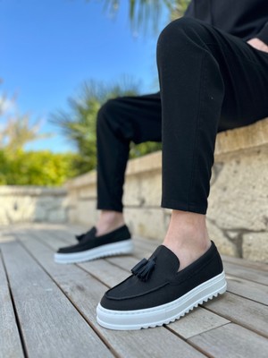 Beskar Signature BA0154  Bağcıksız Yüksek Taban Keten Siyah Renk Püsküllü Erkek Ayakkabı