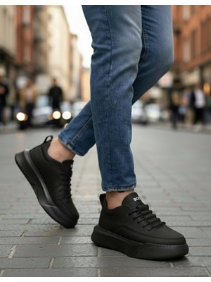 Beskar Signature BA0332 Merdiven Desen Bağcıklı Erkek Yüksek Taban Siyah Cilt Siyah Taban Spor Ayakkabı