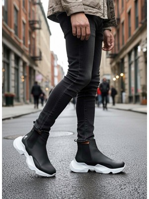 Beskar Signature BA0444 Bağcıksız Rahat Yüksek Taban Siyah Beyaz Taban Erkek Spor Yarım Bilek Bot