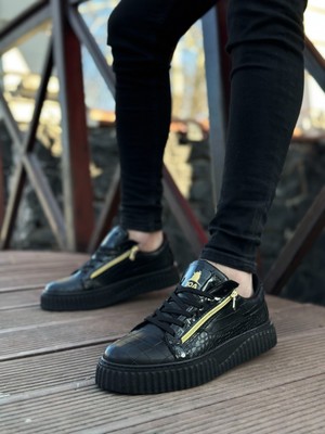 Beskar Signature SNR-308  Kalın Yüksek Taban Çift Fermuarlı Siyah Siyah Erkek Ayakkabı