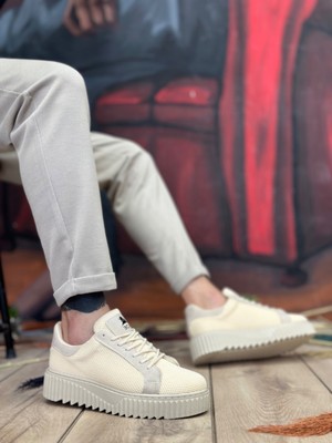 Beskar Signature BA0803  Yüksek Taban Triko Krem Erkek Ayakkabı