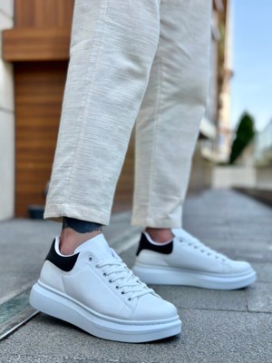 Beskar Signature BA0547  Kalın Yüksek Taban Beyaz Siyah Bağcıklı Spor Erkek Ayakkabı