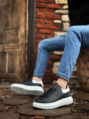 Beskar Signature BA0547  Kalın Yüksek Taban Siyah Beyaz Parça Detay Bağcıklı Spor Erkek Ayakkabı