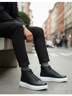 Beskar Signature BA0713 Bağcıklı Yüksek Siyah Beyaz Taban Erkek Tarz Spor Bot