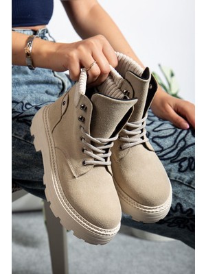 Beskar Signature Krem Süet Bağcıklı Yüksek Taban Kadın Bot