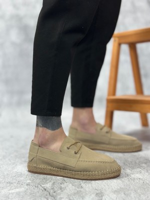 Beskar Signature BA0358  Doğal Deri Tozu Bağcıklı Kauçuk El Yapımı Espadril Taban Bej Renk Erkek Ayakkabı