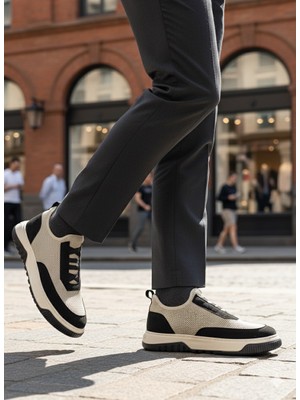 Beskar Signature BA0911 Özel Örme Triko Deri Tozu Detaylı Bej Siyah Günlük Spor Ayakkabı