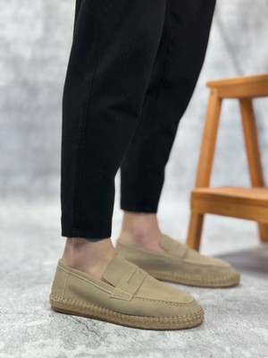 Beskar Signature BA0359  Doğal Deri Tozu Bağcıksız Kauçuk El Yapımı Espadril Taban Krem Renk Erkek Ayakkabı