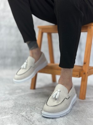 Beskar Signature BA0005 Bağcıksız Yüksek Taban Klasik Keten Beyaz Püsküllü Erkek Ayakkabı