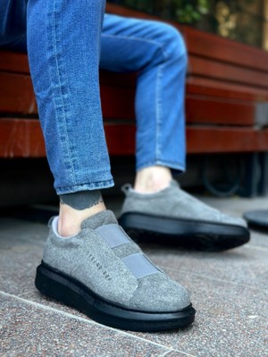 Beskar Signature BA0307  Kalın Süet Yüksek Taban Çift Bant Gri Siyah Erkek Ayakkabı