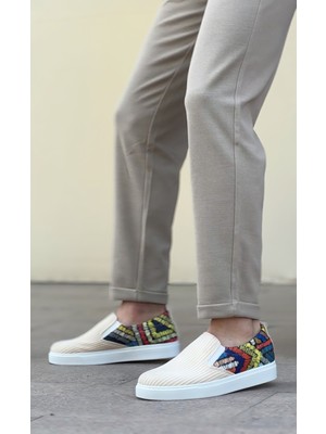 Beskar Signature BA0339 Bağcıksız Keten Krem Renkli Desenli Beyaz Taban Günlük Erkek Ayakkabı