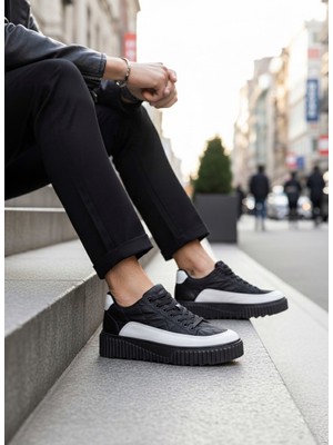 Beskar Signature BA0801  Yüksek Taban Siyah Paraşüt Kumaş Beyaz Cilt Detaylı Erkek Ayakkabı