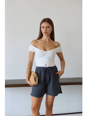 K&A Müslin Kumaş Şort Bağcıklı Antrasit Pt