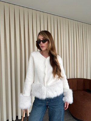 Laluvia Ekru Kolları Kürklü Hırka - 251104