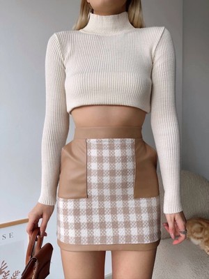 K&A Deri Cep Garnili Kaşe Etek Bej H24604