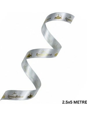 Roco Paper Co. Ramadan Mubarak Yazılı Hediye Paketleme Kurdelesi, Altın Varaklı Saten Kurdele, 2.5cm x 5m, Krem