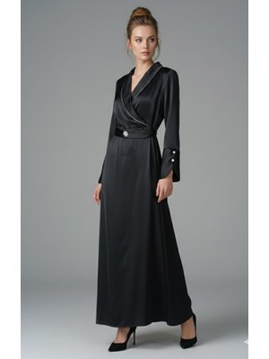 Kadın Siyah Saten Uzun Elbise – Kruvaze Yaka, Kemerli, Şık  Taşlı Abiye Elbise