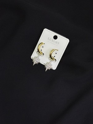 Luxury Gold Renk Zirkon Taşlı Yıldız Küpe