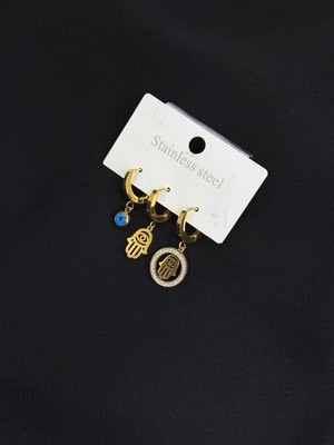 316L Çelik Gold Renk 3lü Küpe