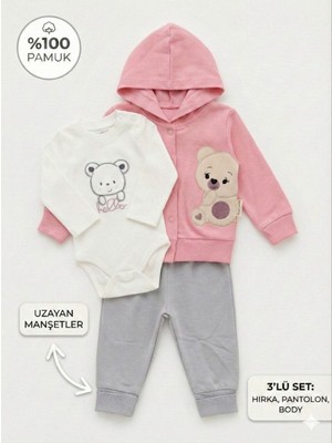 Kız Bebek Ayıcık Baskılı %100 Pamuklu Hırka Body ve Pantolon 3'lü Takım
