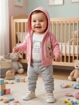 Kız Bebek Ayıcık Baskılı %100 Pamuklu Hırka Body ve Pantolon 3'lü Takım