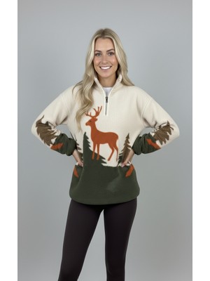 Sibel Günay Butik Kiremit Geyik Desenli Yarım Fermuarlı Kadın Polar Sweatshirt