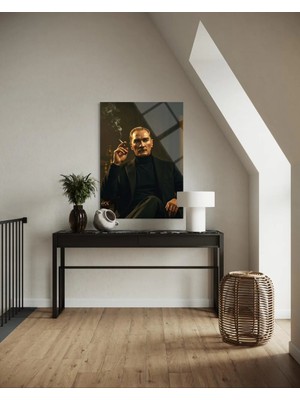 Baskı Perisi Atatürk Renkli Sanatsal Portre Sigara Içen Dikey Kırılmaz Cam Tablo 146