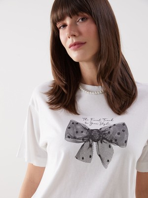 Lc Waikiki Yeni Sezon Bisiklet Yaka Baskılı Kadın Tişört