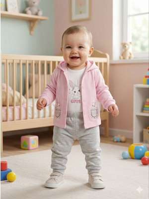Lika&Nika Kız Bebek %100 Pamuklu Kapşonlu Hırka Body ve Pantolon 3'lü Takım  Tavşan Baskılı