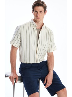 Lc Waikiki Yeni Sezon Regular Fit Kısa Kollu Çizgili Keten Görünümlü Erkek Gömlek