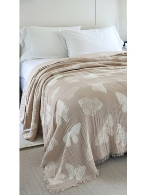 Mulberry Kelebek Desen 4 Katlı Müslin Pike Yatak Örtüsü Battal Boy 240X260 cm