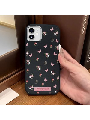 Ucuc iPhone 11 Uyumlu Siyah Deri Dokulu Silikon Kamerayı Korur Şok Emici Lale ve Kelebek Deseni Kılıfı